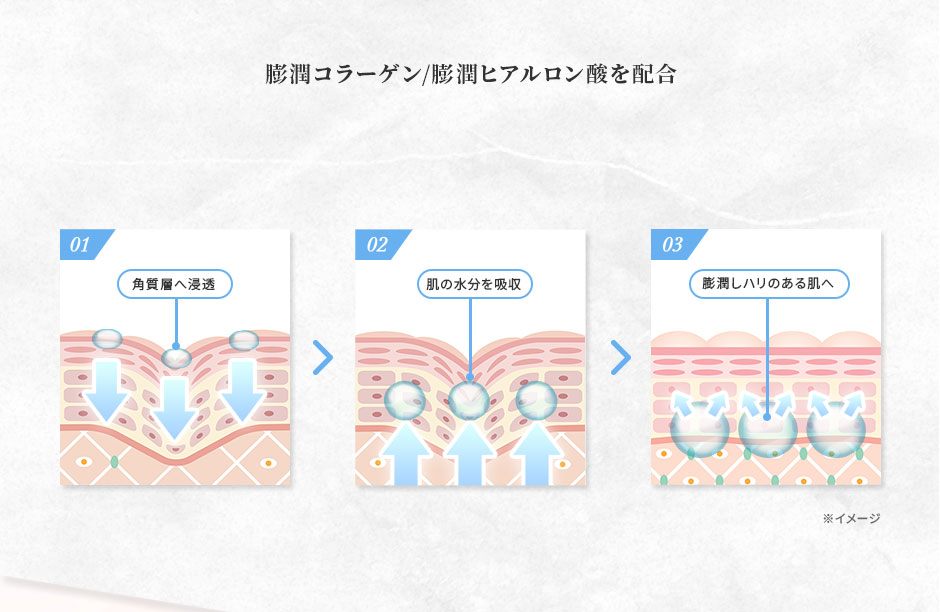 膨潤コラーゲン/膨潤ヒアルロン酸を配合