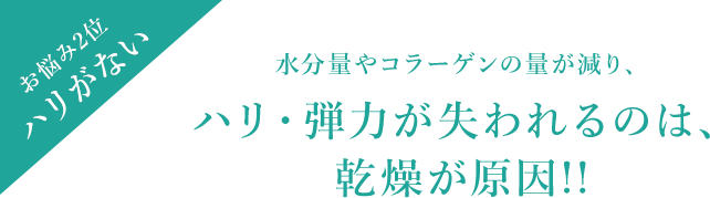 お悩み2位 ハリがない　水分量やコラーゲンの量が減り、ハリ・弾力が失われるのは、乾燥が原因!!