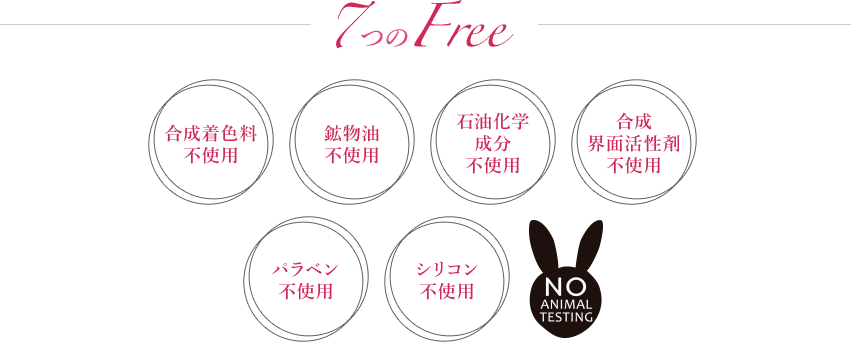 7つのFree 合成着色料不使用。鉱物油不使用。石油化学成分不使用。合成界面活性剤不使用。パラペン不使用。シリコン不使用。NO ANIMAL TESTING