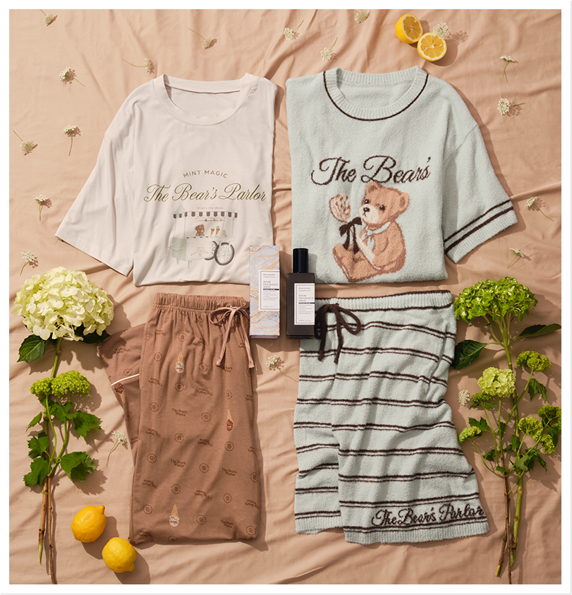 松島聡×PEACH JOHN 商品画像　くま半袖Tシャツパジャマ，ルームフレグランススプレー，ライトホイップリーくま半袖パジャマ