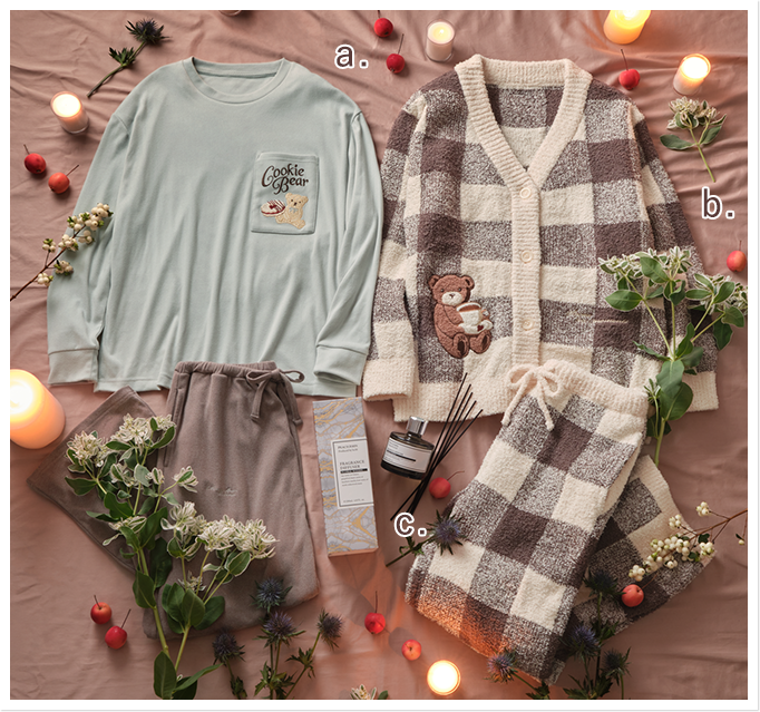 松島聡×PEACH JOHN 商品画像　くまロンTパジャマ，ホイップリーくまチェックパジャマ，フレグランスディフューザー