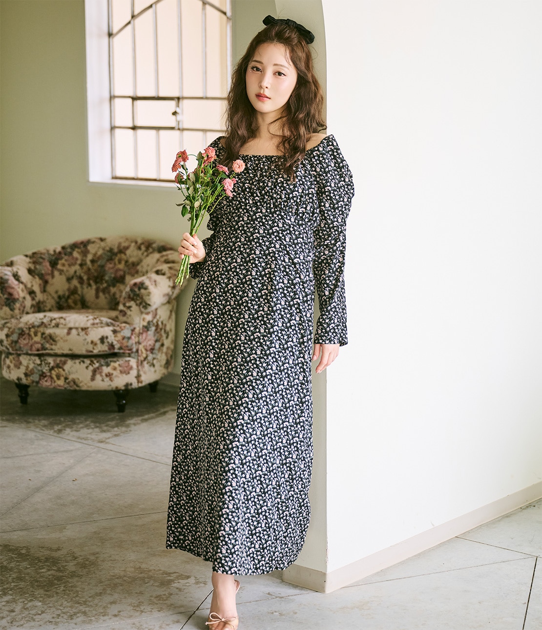 バストギャザーフラワーワンピース(ワンサイズ ブラック): PEACH JOHN