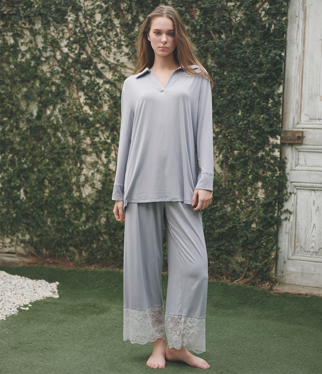 レーヨンレーススキッパーパジャマ(ワンサイズ ブルーグレー): SALON