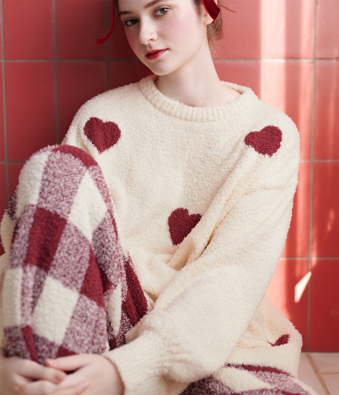 ホイップリーハートチェックパジャマ(レディース ワンサイズ レッド