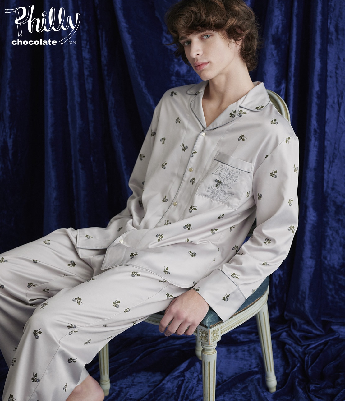 メンズ肌側起毛プリントサテンシャツパジャマ(ワンサイズ グレー