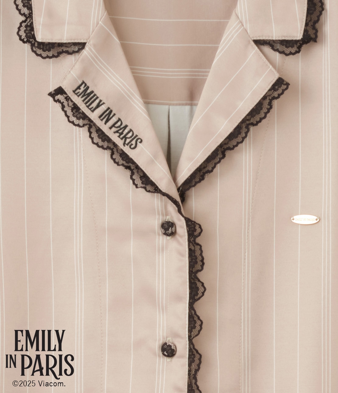 レース肌側起毛サテンシャツパジャマ(ワンサイズ ベージュ): PEACH