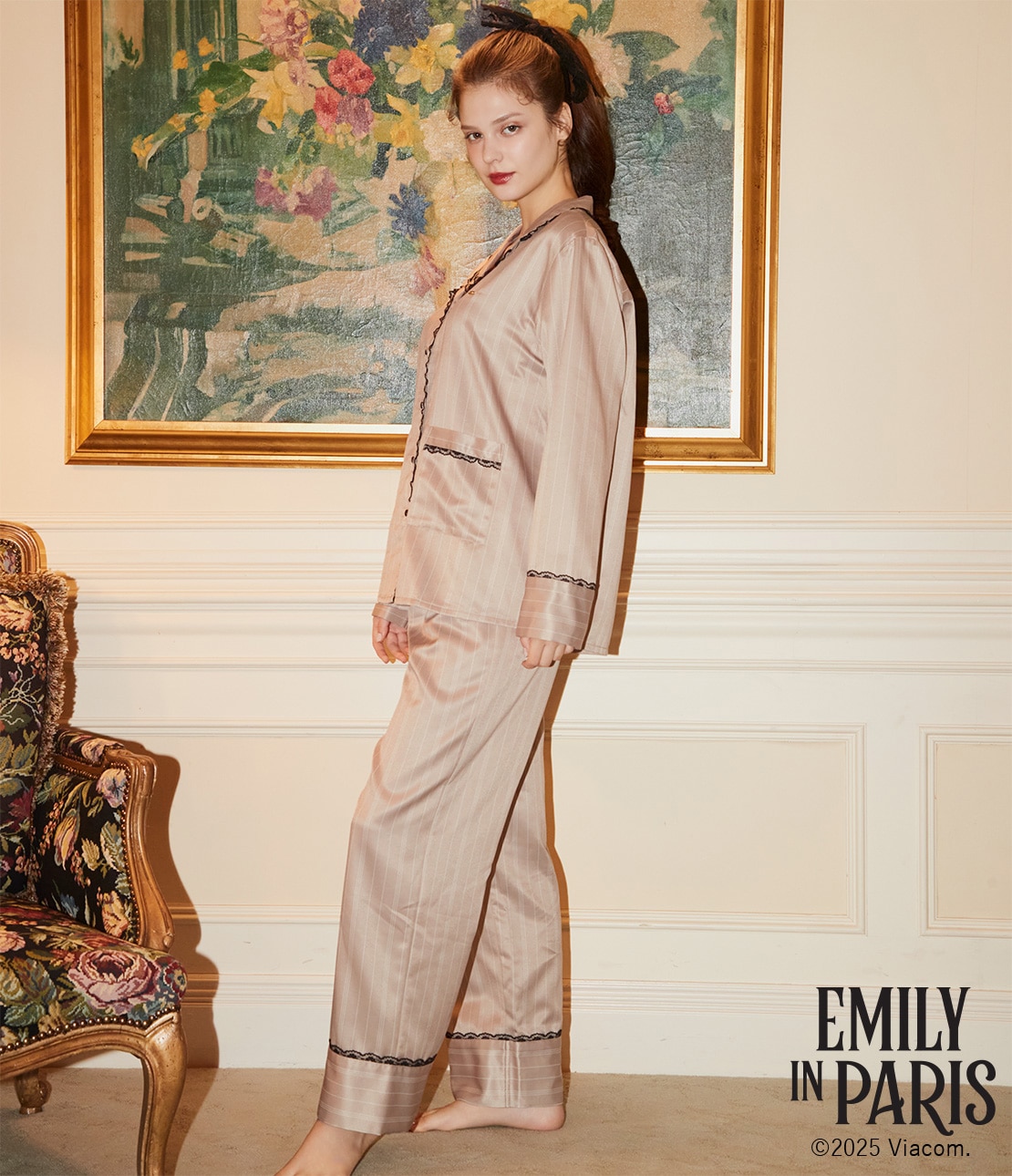 レース肌側起毛サテンシャツパジャマ(ワンサイズ ベージュ): PEACH