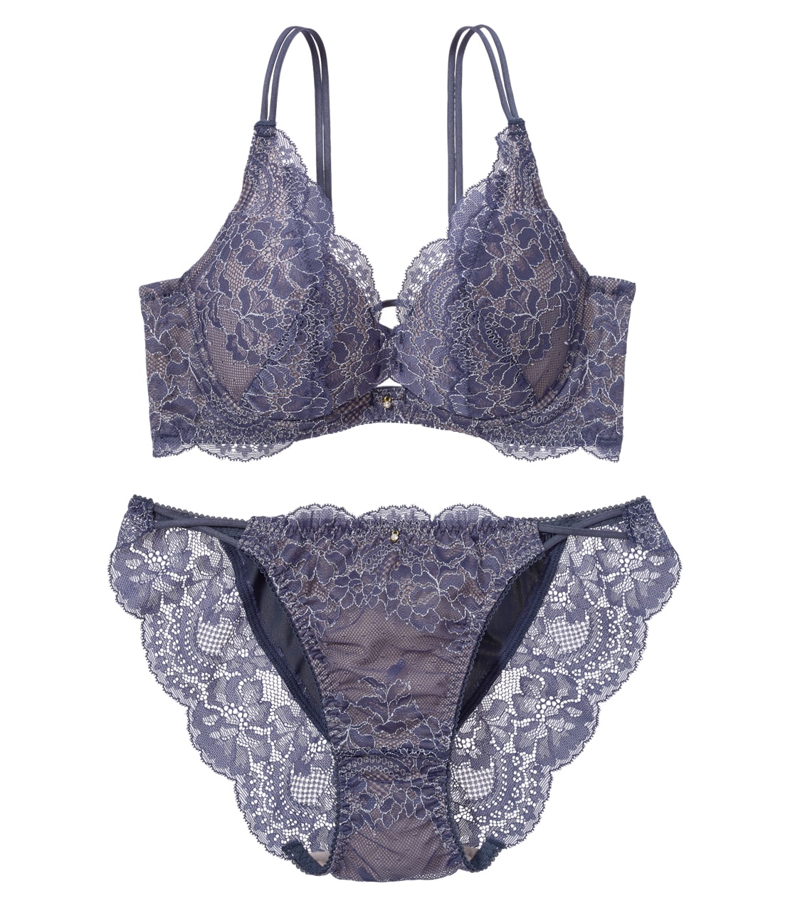   ブラジャー 2色セット M 盛れる脇高ブラセット ツートーンフルレース(B65 ネイビー): PEACH