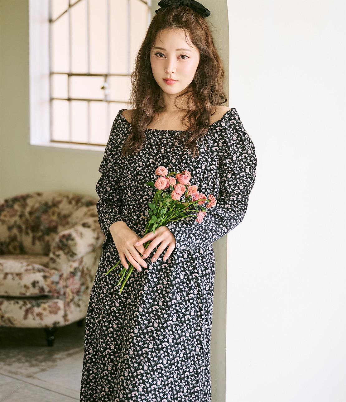 バストギャザーフラワーワンピース(ワンサイズ ブラック): PEACH JOHN