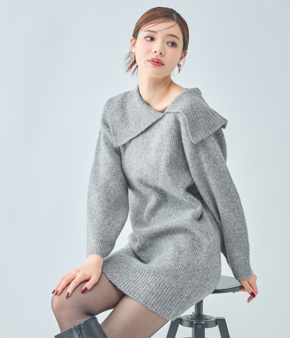 ラペルルーズニットワンピース(ワンサイズ グレー): PEACH JOHN