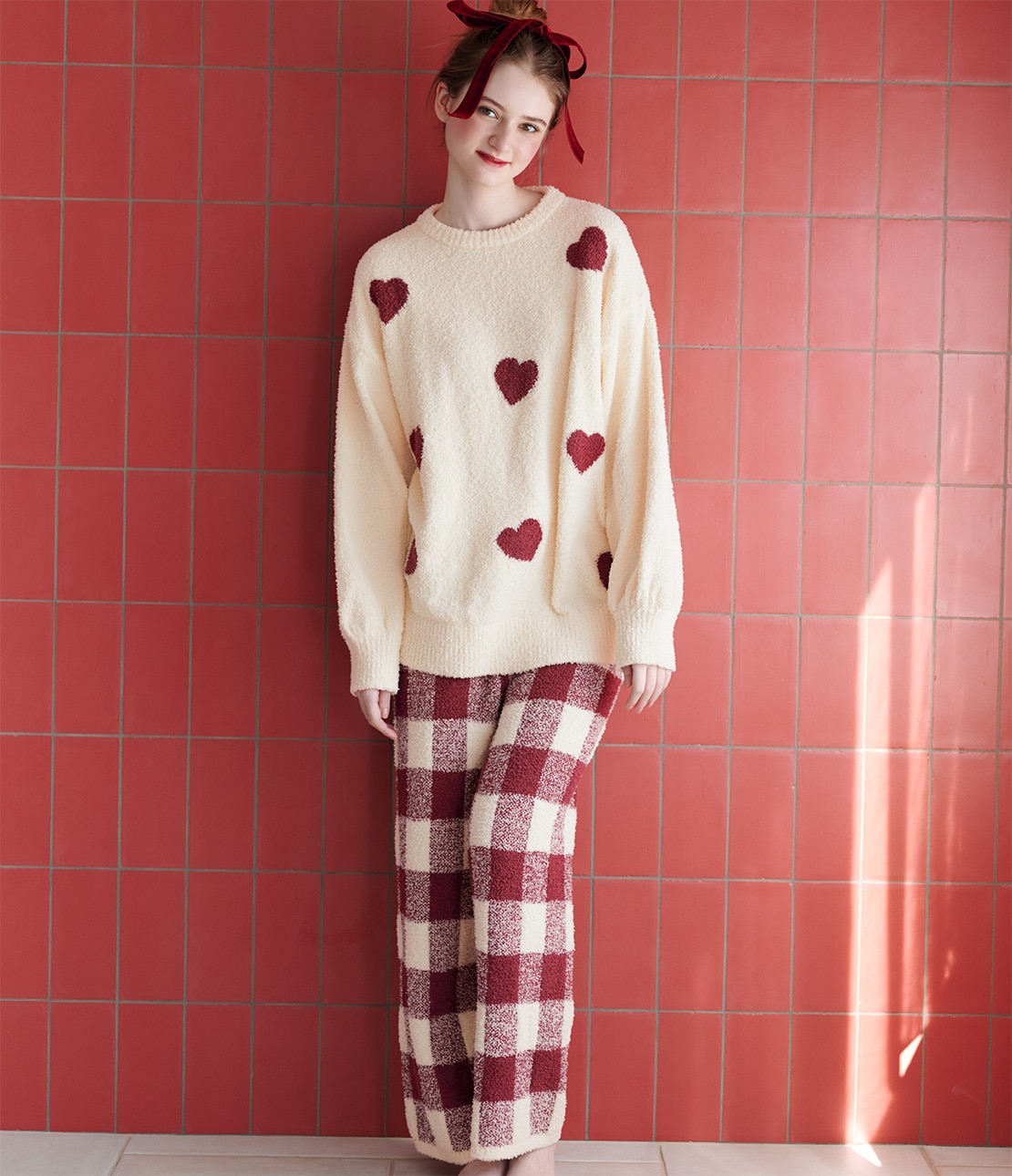 ホイップリーハートチェックパジャマ(レディース ワンサイズ レッド