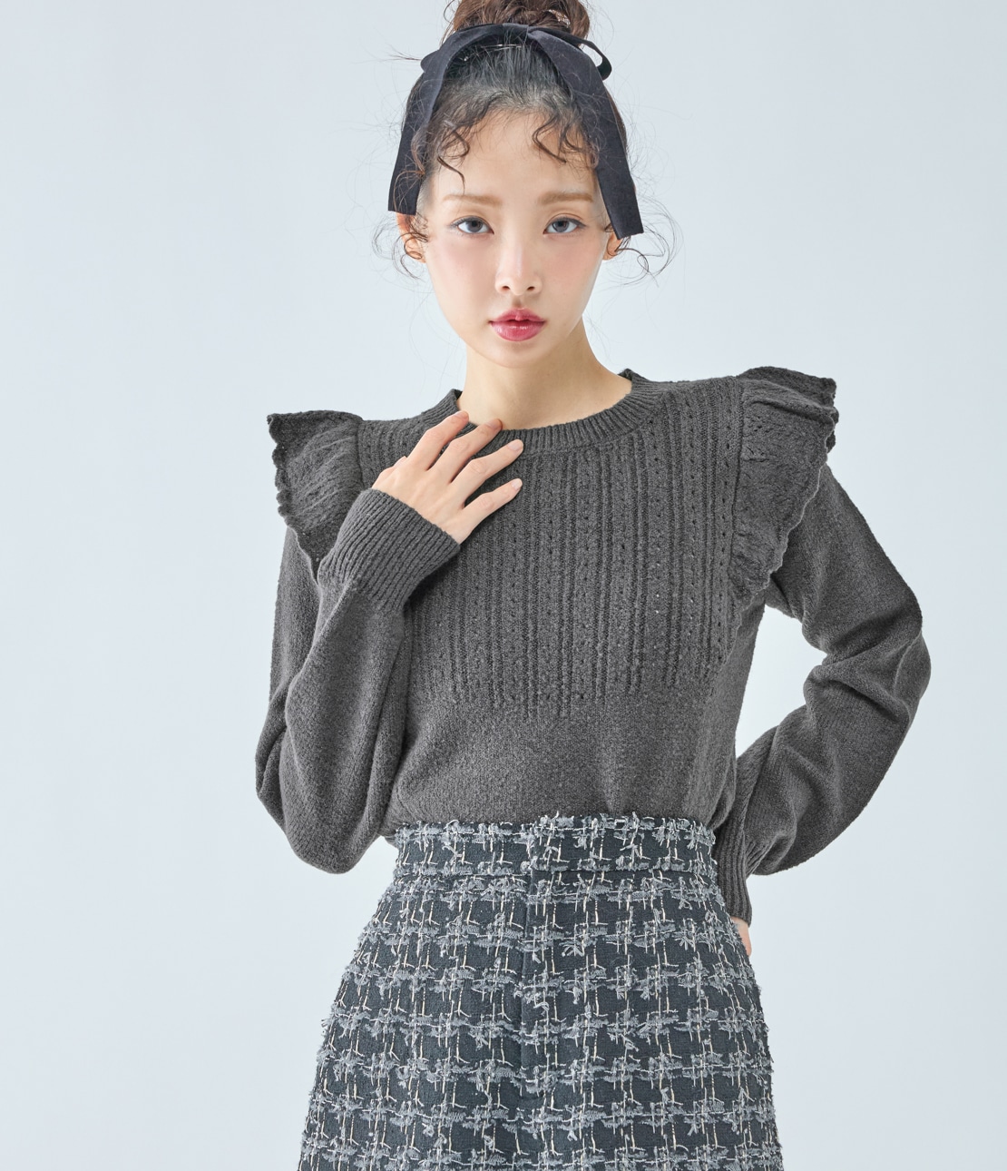 エムズグレイシー42未使用フリルニット ワンポイント入りフリルネックニット | msgracy