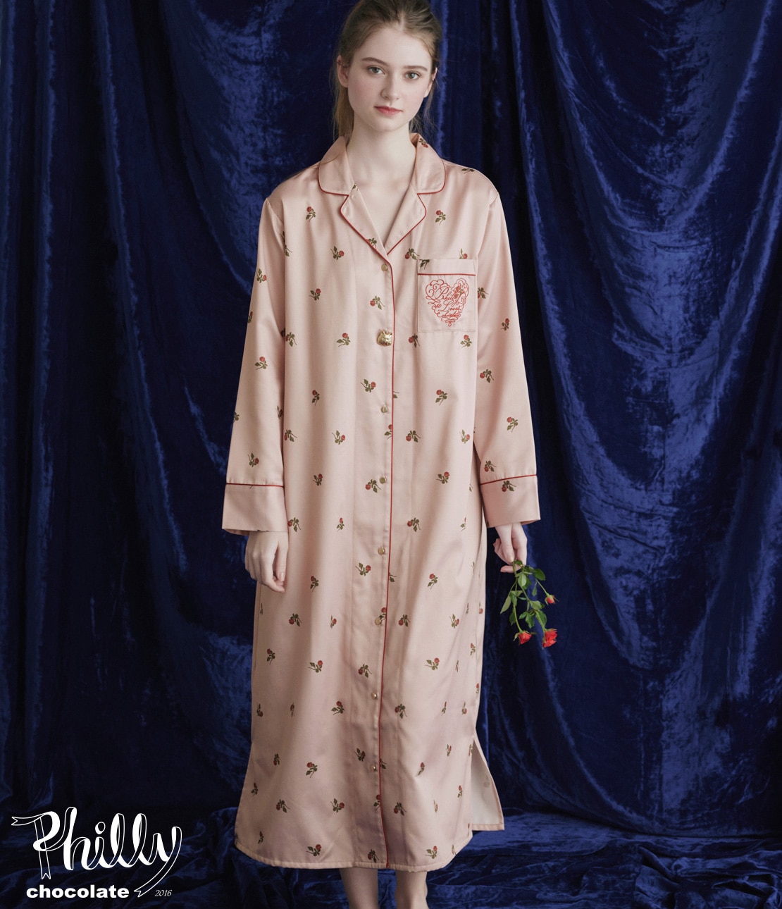 肌側起毛プリントサテンシャツワンピース(ワンサイズ ピンク): PEACH