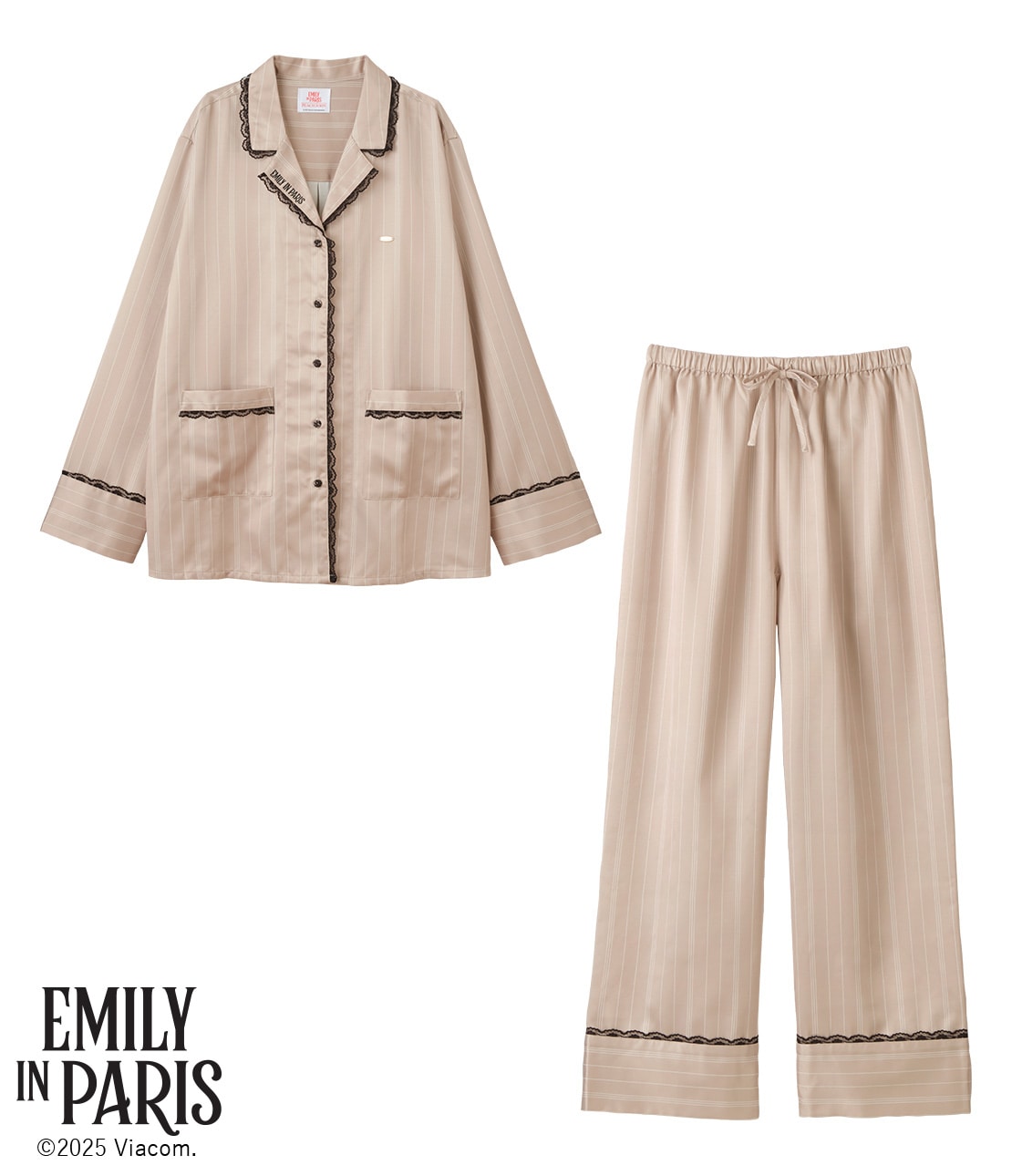 ピーチジョン　ドット肌側起毛サテンシャツパジャマ emily in palis レース肌側起毛サテンシャツパジャマ(ワンサイズ ベージュ): PEACH