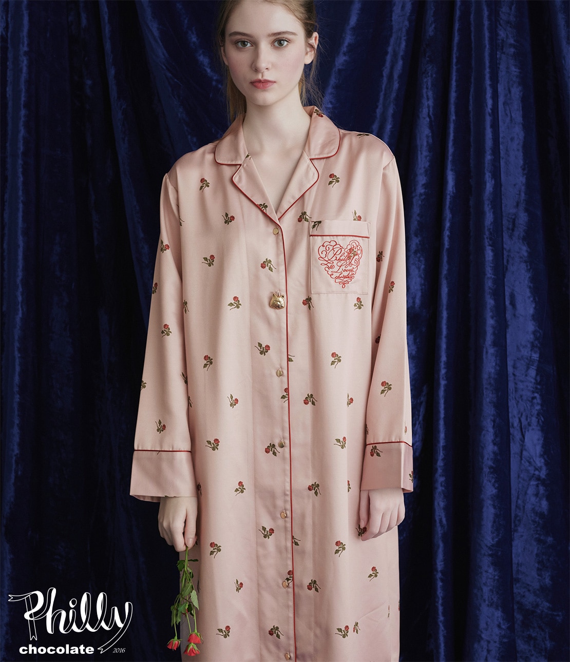 肌側起毛プリントサテンシャツワンピース(ワンサイズ ピンク): PEACH