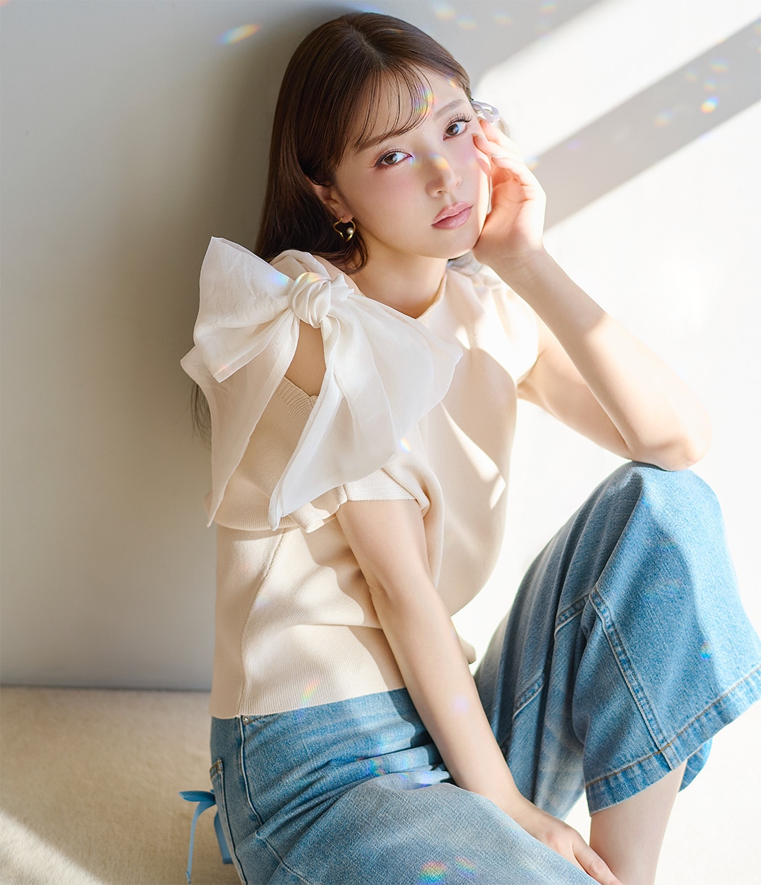アシメトリーリボンニットトップス(ワンサイズ ホワイト): PEACH
