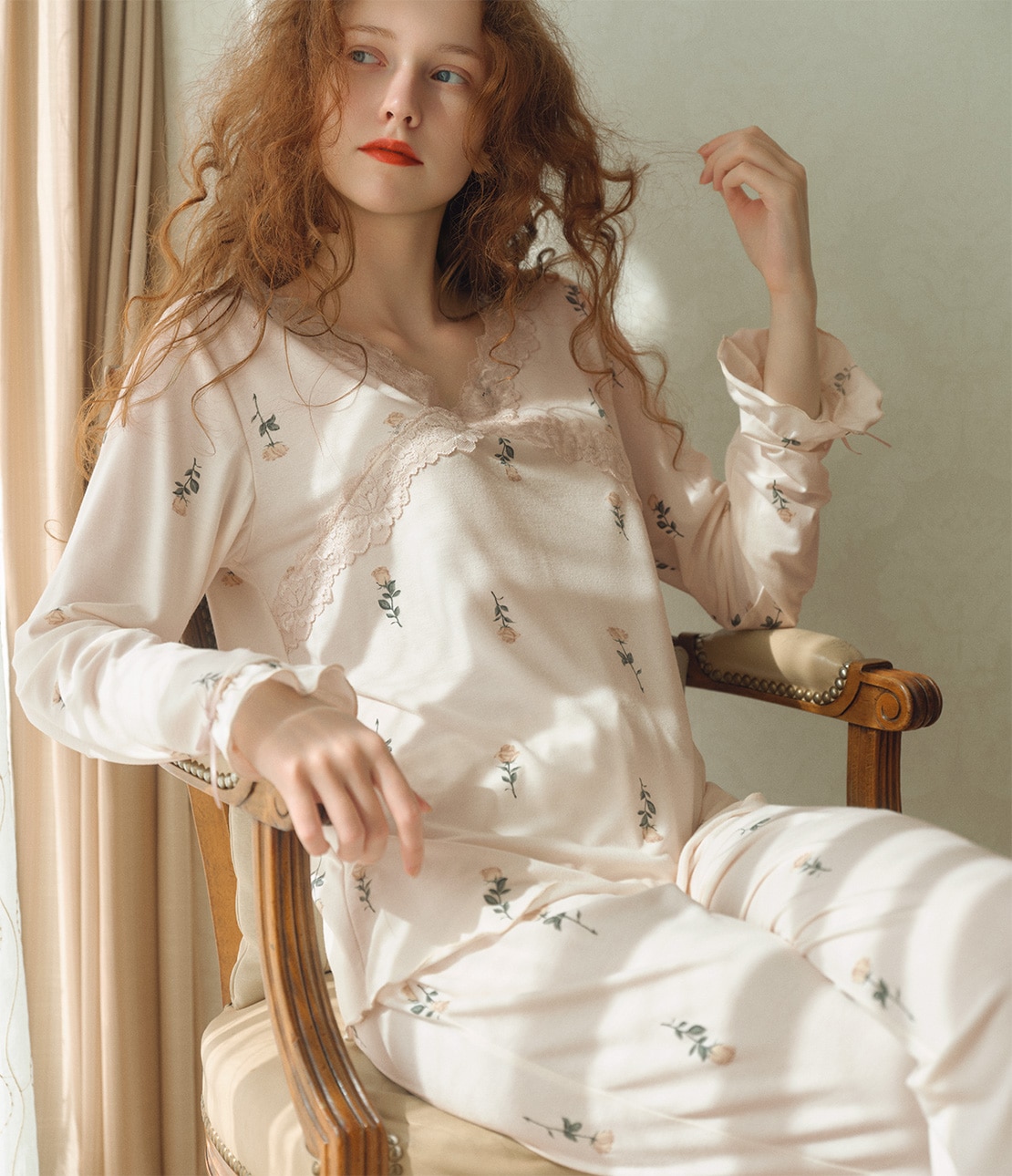 2点　シャルムレースサテンシャツパジャマ シャルムレースサテンシャツパジャマ(S/M ブラウン): SALON by