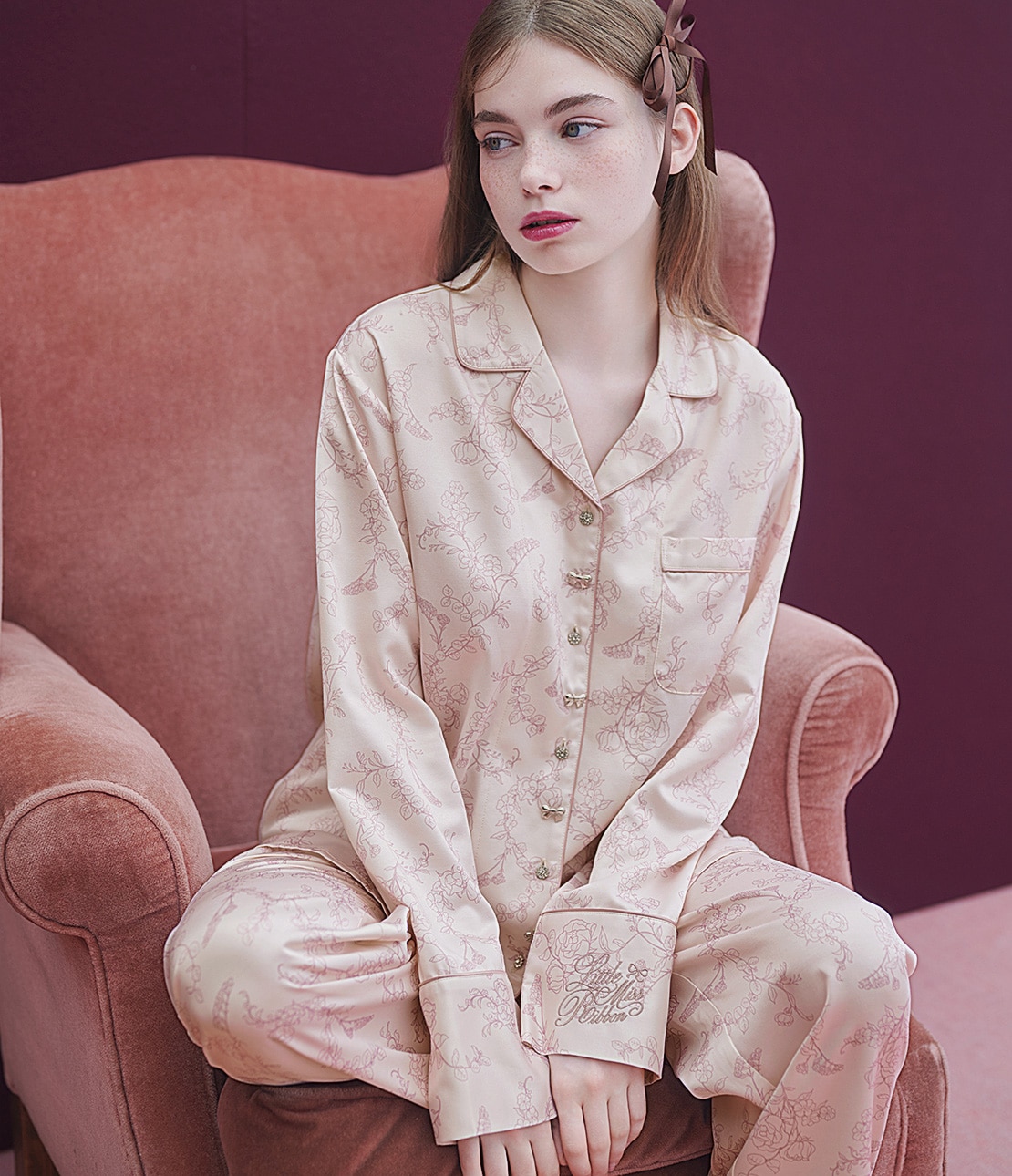 肌側起毛フラワーサテンシャツパジャマ