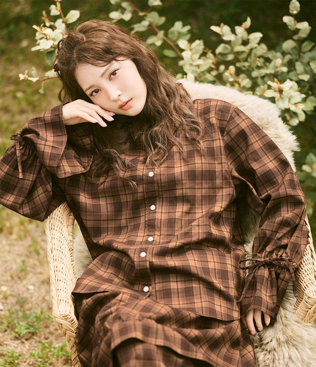 チェックギャザーフレアスリーブシャツ