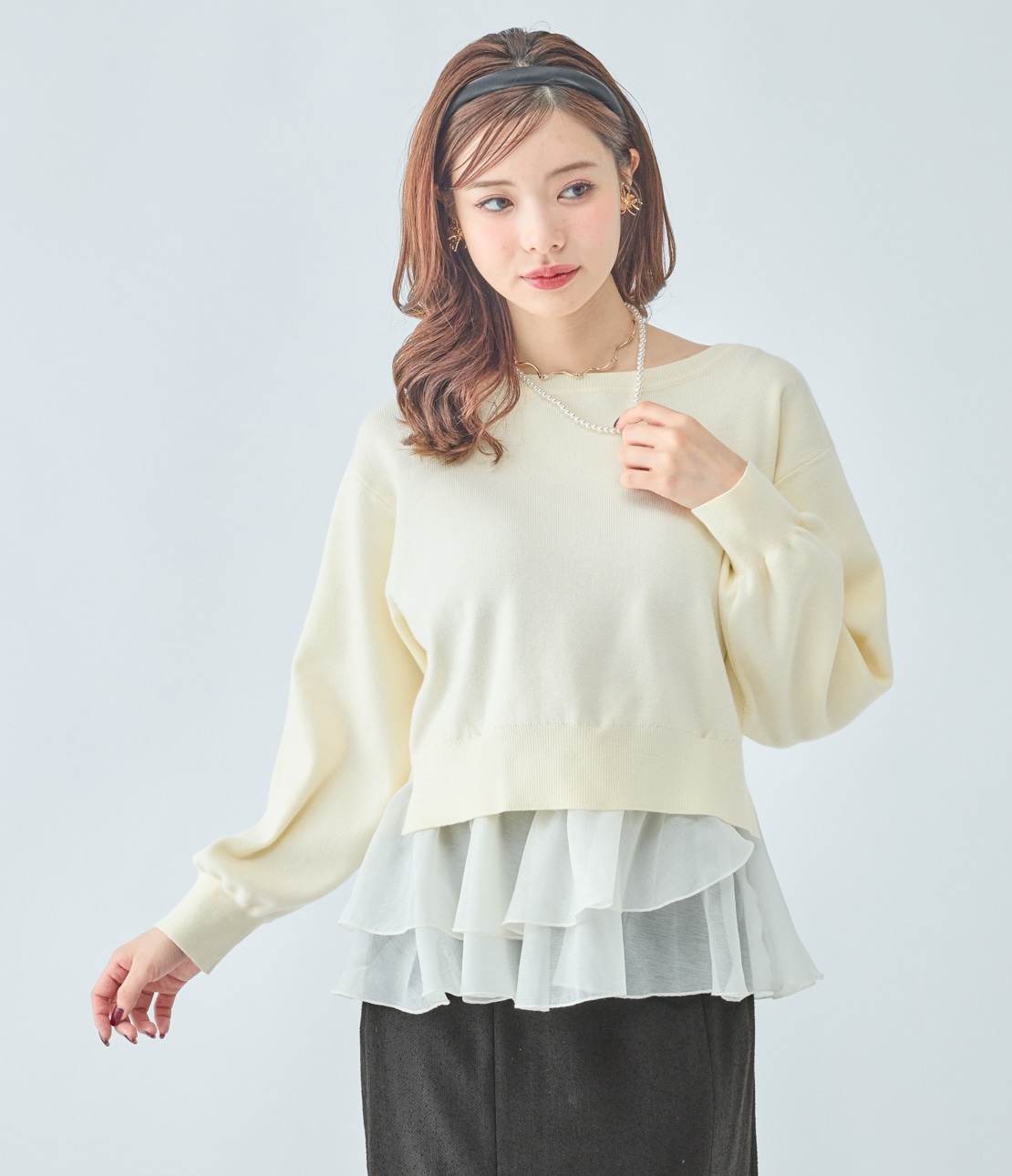 ケーブルリブオープンカラー半袖ニットTシャツ(1 アイボリー