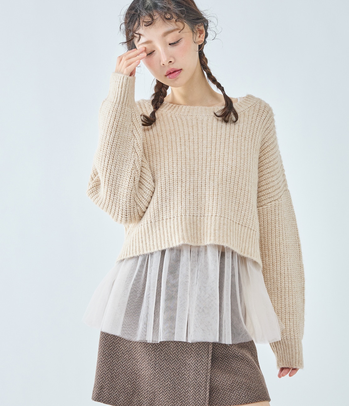 チュールレイヤードニット