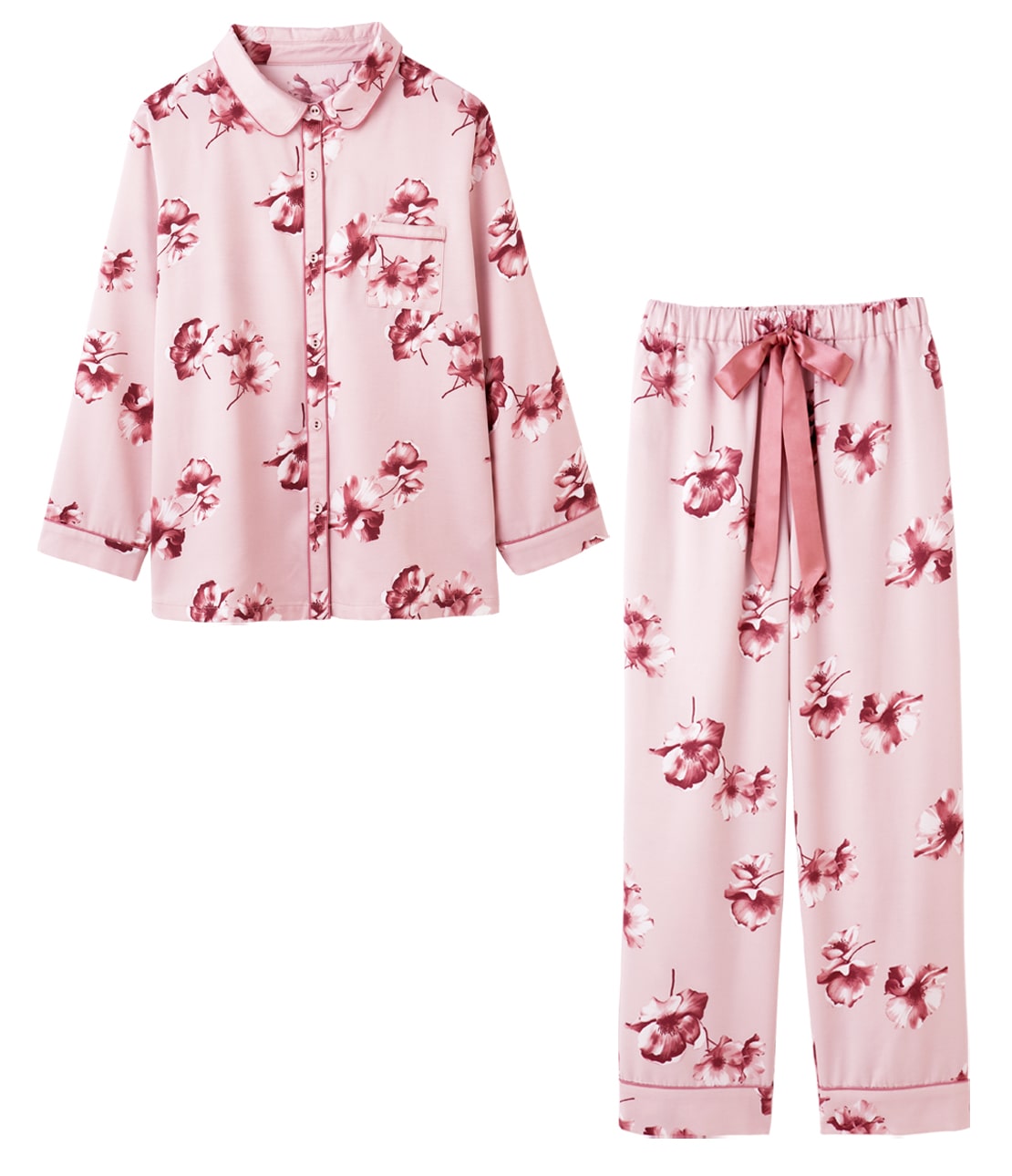 裏起毛サテンシャツパジャマ フラワー M/L