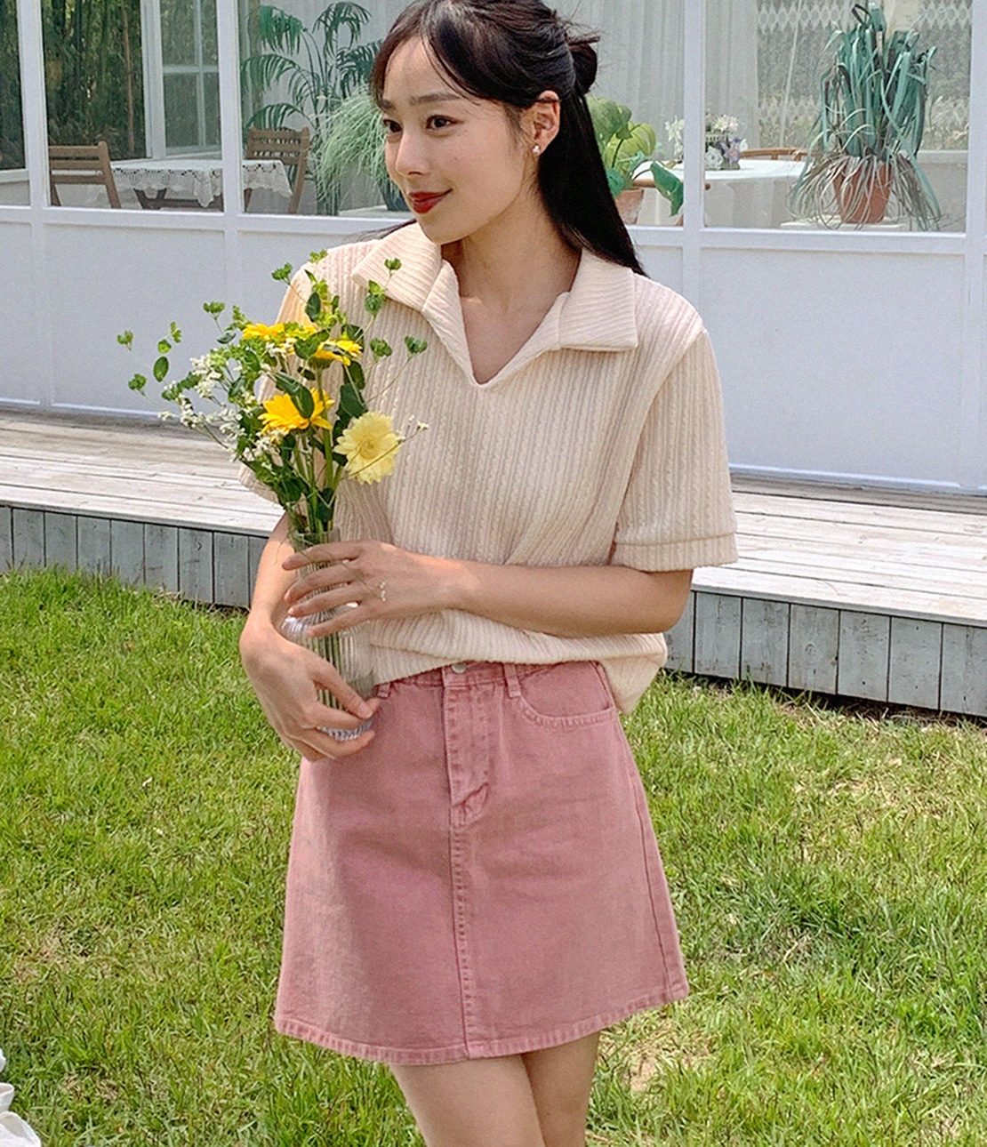 ケーブルリブオープンカラー半袖ニットTシャツ