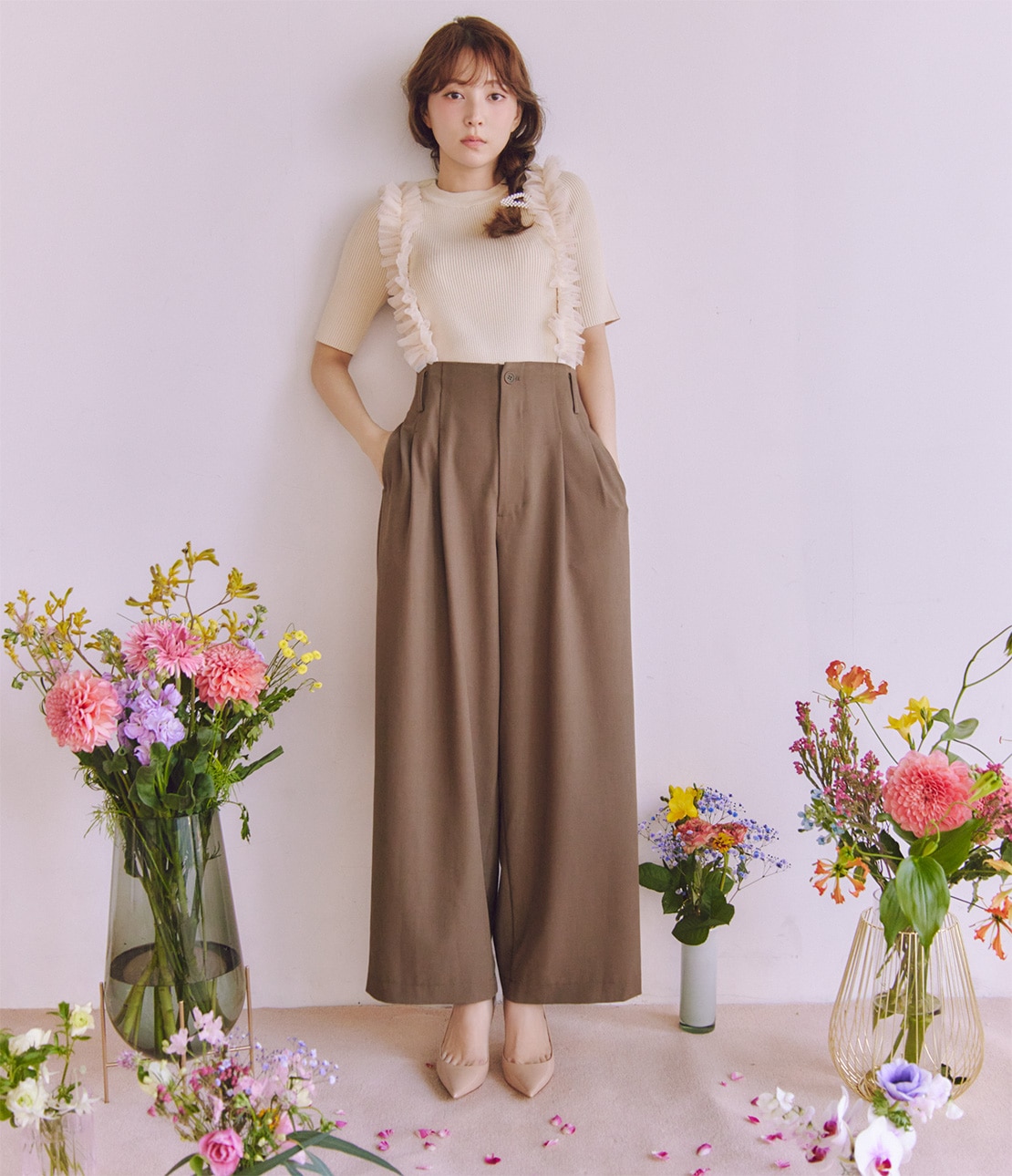フリルサスペンダー付きタックパンツ(S アイボリー): PEACH JOHN