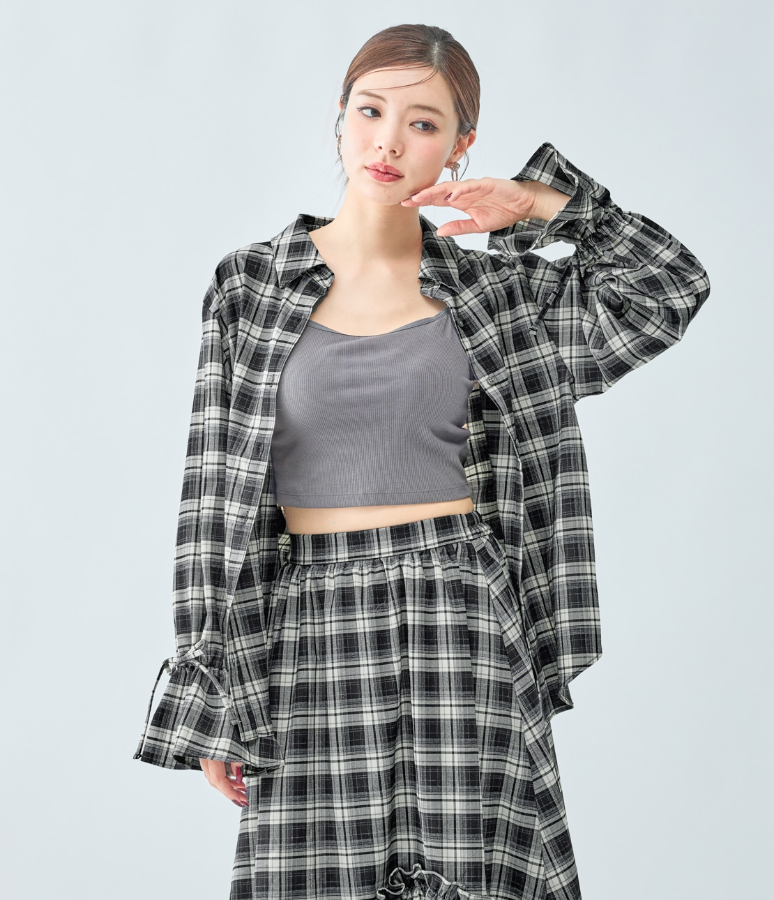 チェックギャザーフレアスリーブシャツ
