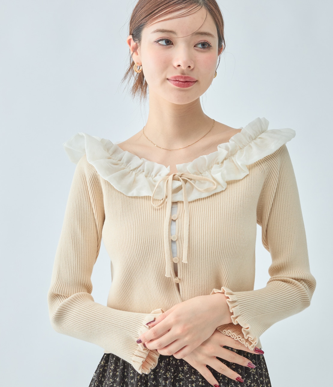 パールニットカットソー(アンプリ) フリルパールカラーニットトップス[dh1341] | レディースファッション