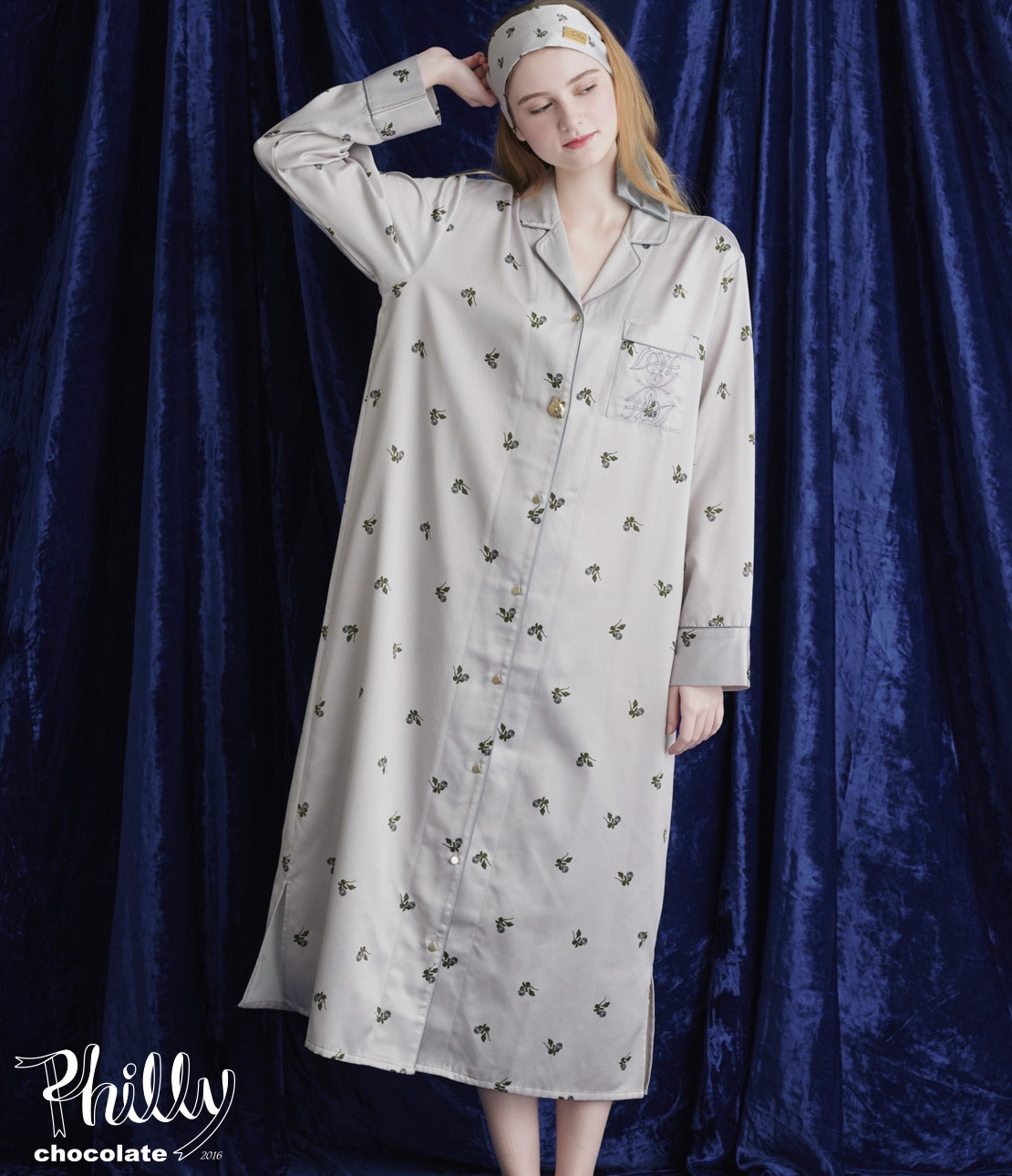 肌側起毛プリントサテンシャツワンピース